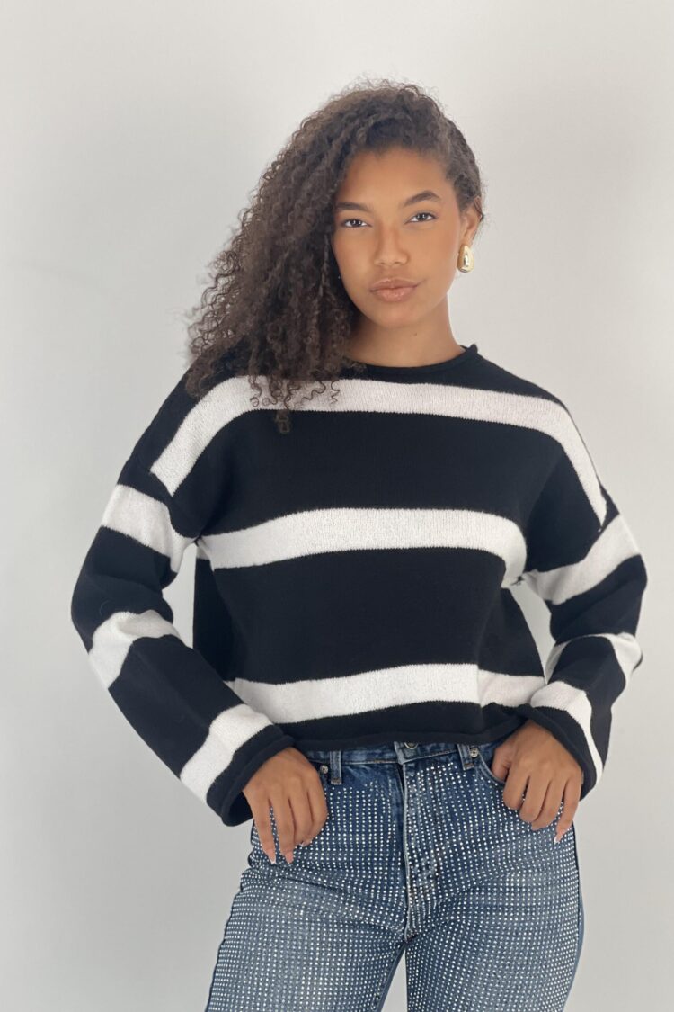 Black Striped Oversized Fit Sweater - Brand: MISS POEM - Women & Kids, Baby Clothes Wholesale - Globality Store
