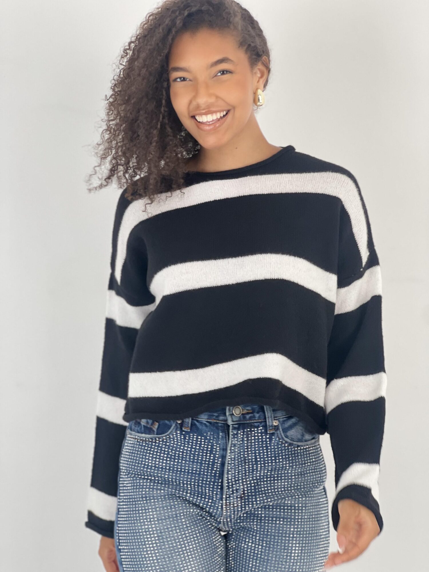 Black Striped Oversized Fit Sweater - Brand: MISS POEM - Women & Kids, Baby Clothes Wholesale - Globality Store