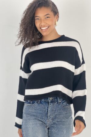 Black Striped Oversized Fit Sweater - Brand: MISS POEM - Women & Kids, Baby Clothes Wholesale - Globality Store