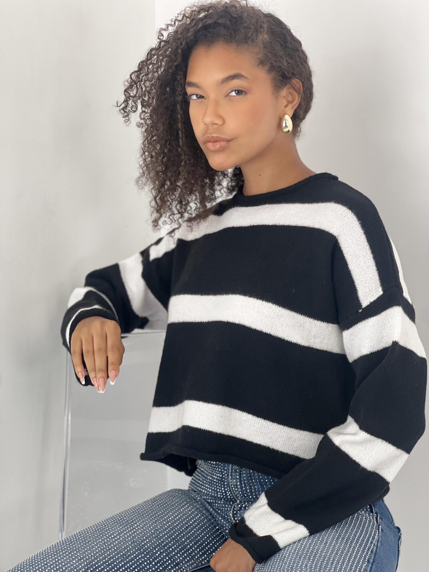 Black Striped Oversized Fit Sweater - Brand: MISS POEM - Women & Kids, Baby Clothes Wholesale - Globality Store