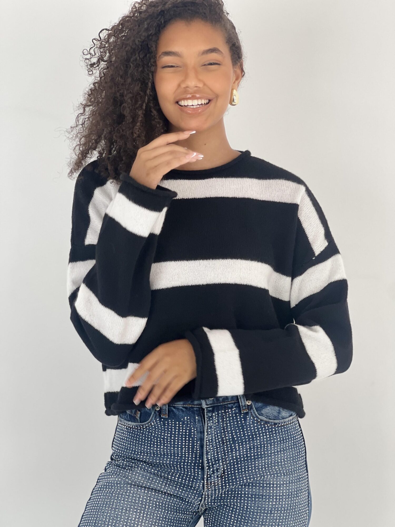 Black Striped Oversized Fit Sweater - Brand: MISS POEM - Women & Kids, Baby Clothes Wholesale - Globality Store