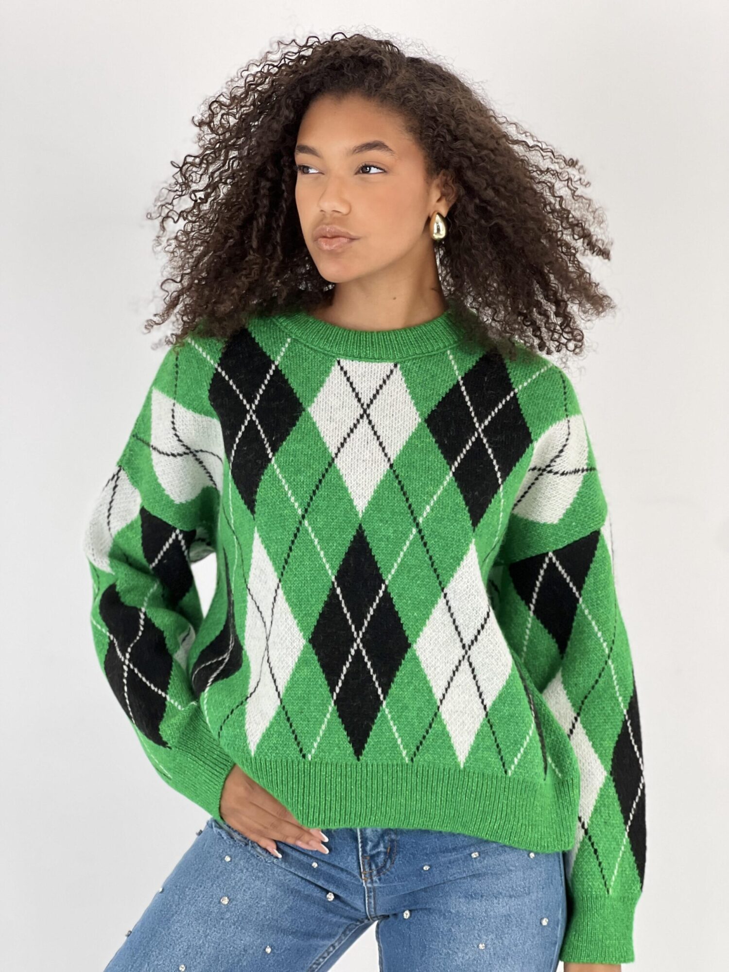 Green Argyle Oversized Fit Sweater - Brand: MISS POEM - Women & Kids, Baby Clothes Wholesale - Globality Store