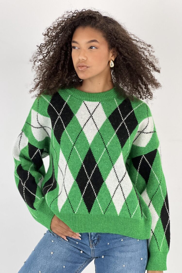 Green Argyle Oversized Fit Sweater - Brand: MISS POEM - Women & Kids, Baby Clothes Wholesale - Globality Store