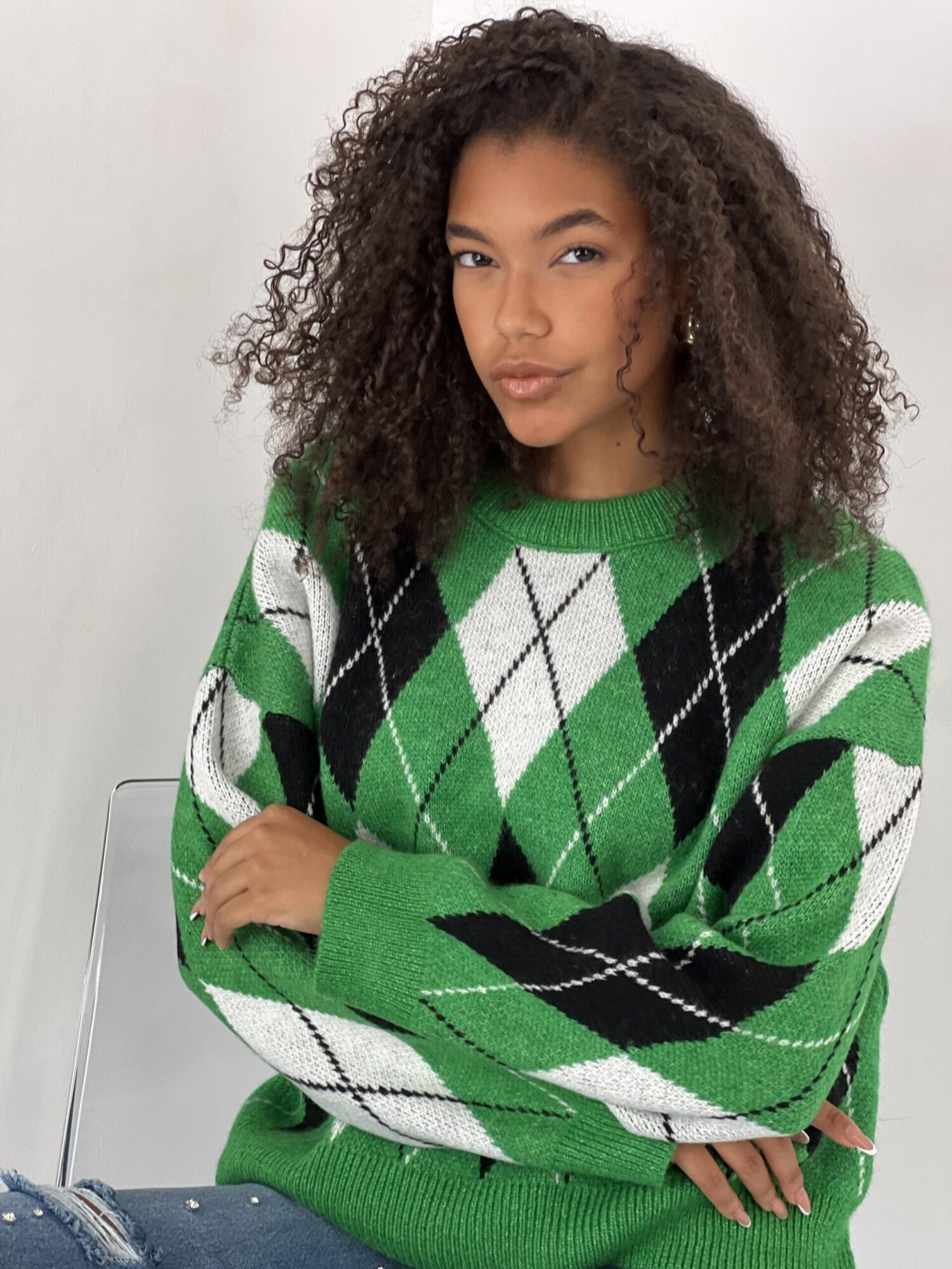 Green Argyle Oversized Fit Sweater - Brand: MISS POEM - Women & Kids, Baby Clothes Wholesale - Globality Store