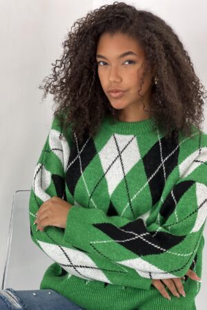 Green Argyle Oversized Fit Sweater - Brand: MISS POEM - Women & Kids, Baby Clothes Wholesale - Globality Store