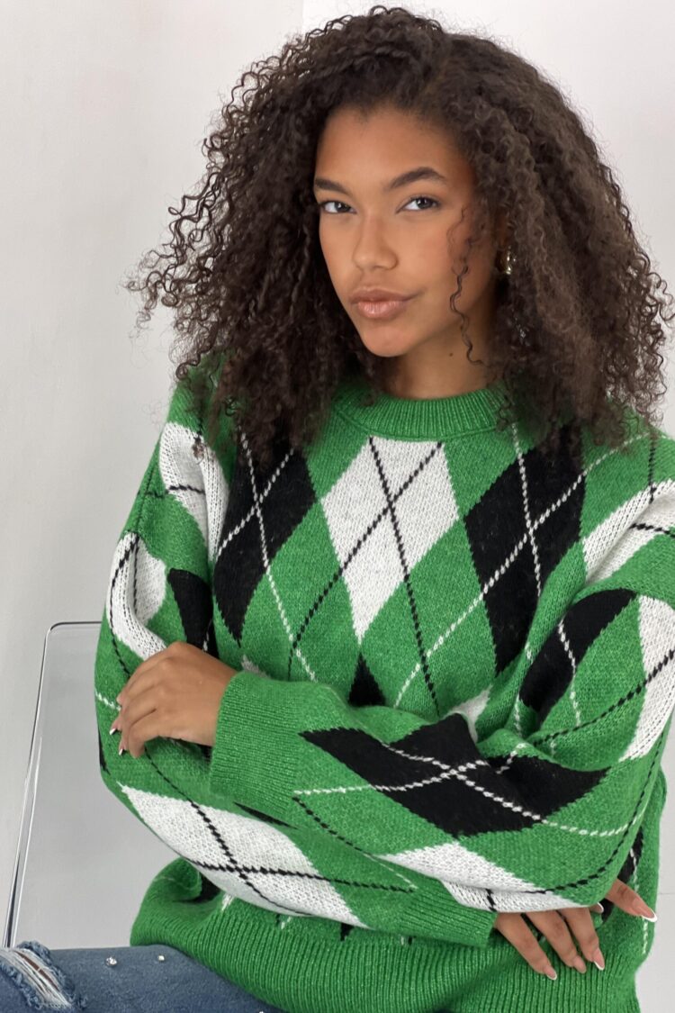 Green Argyle Oversized Fit Sweater