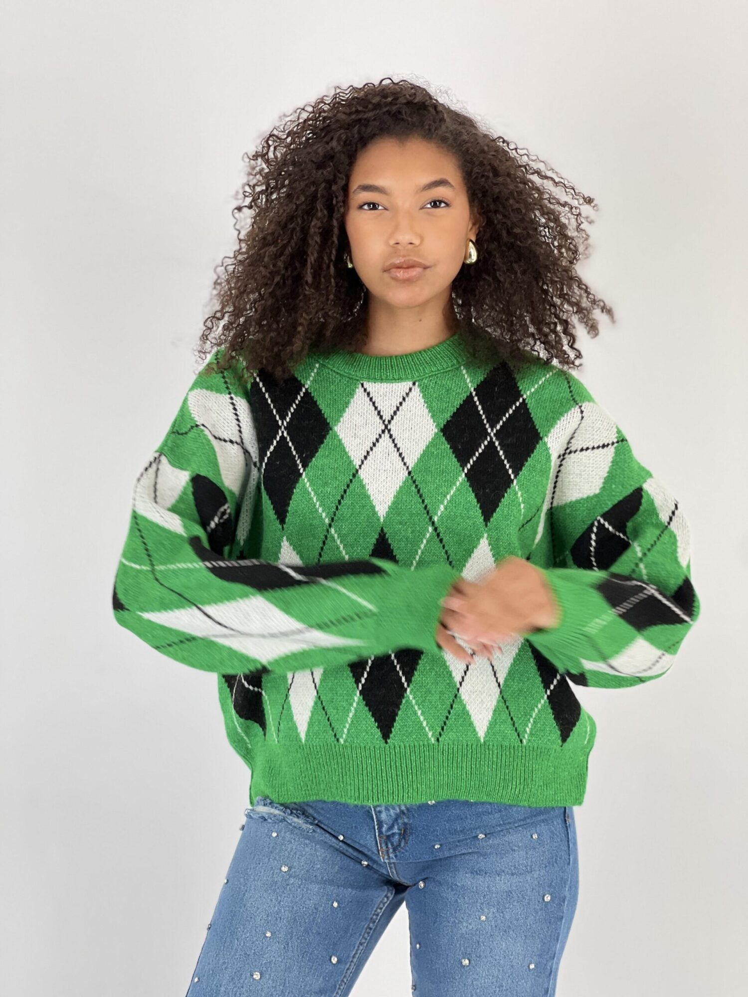 Green Argyle Oversized Fit Sweater - Brand: MISS POEM - Women & Kids, Baby Clothes Wholesale - Globality Store