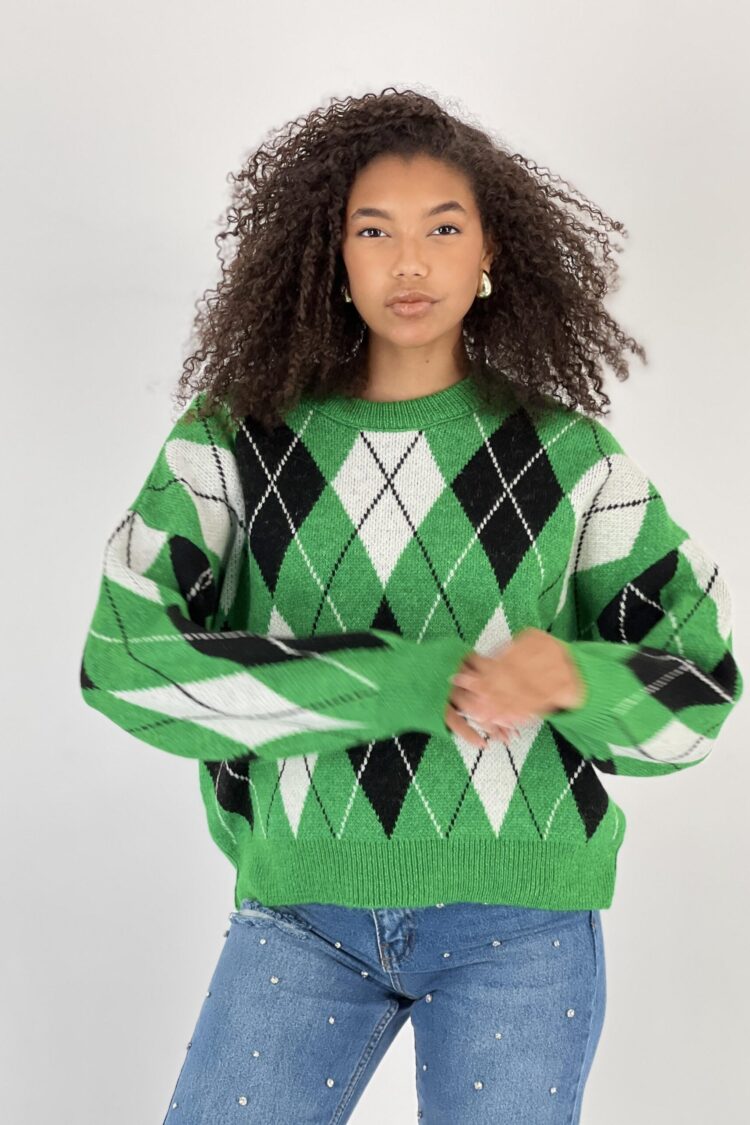Green Argyle Oversized Fit Sweater