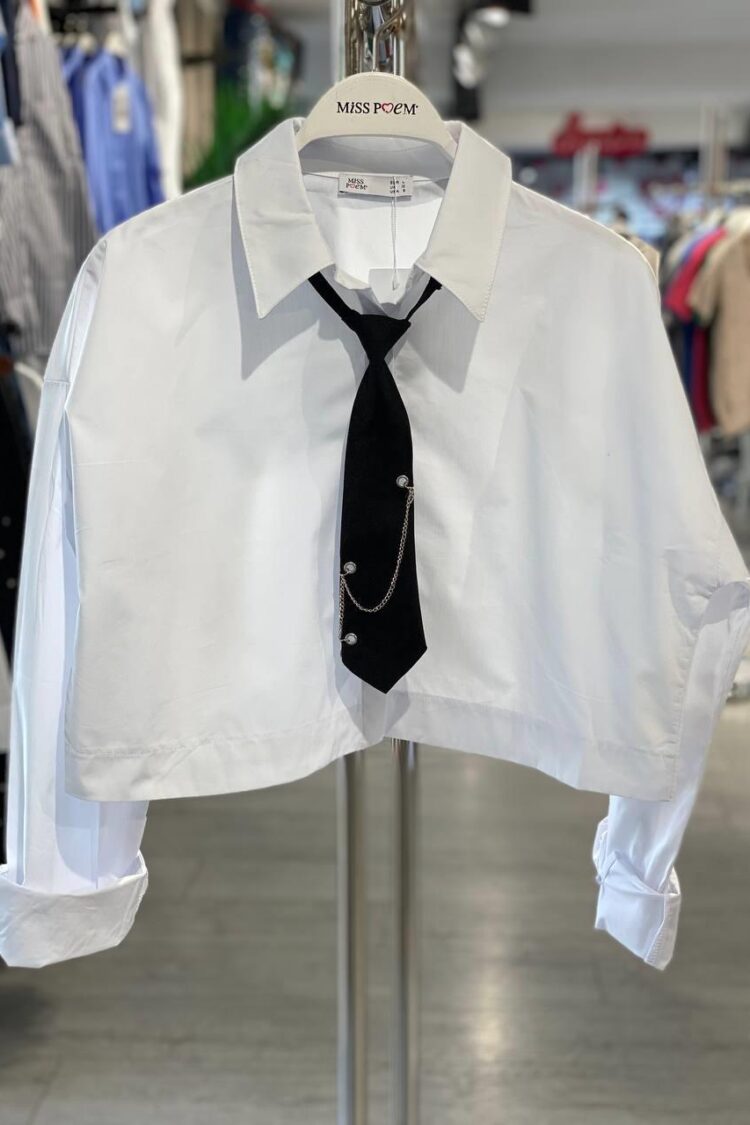 White Casual Oversized Crop Shirt With Notched Neck - Brand: MISS POEM - Women & Kids, Baby Clothes Wholesale - Globality Store
