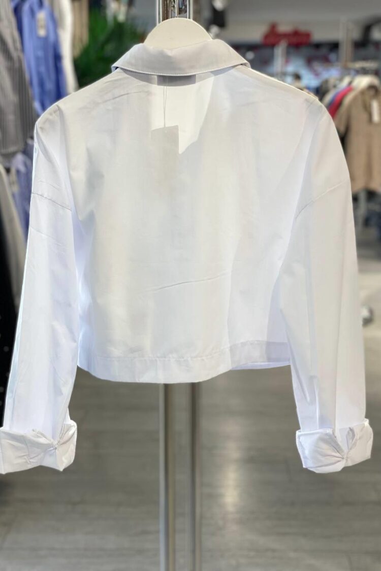 White Casual Oversized Crop Shirt With Notched Neck