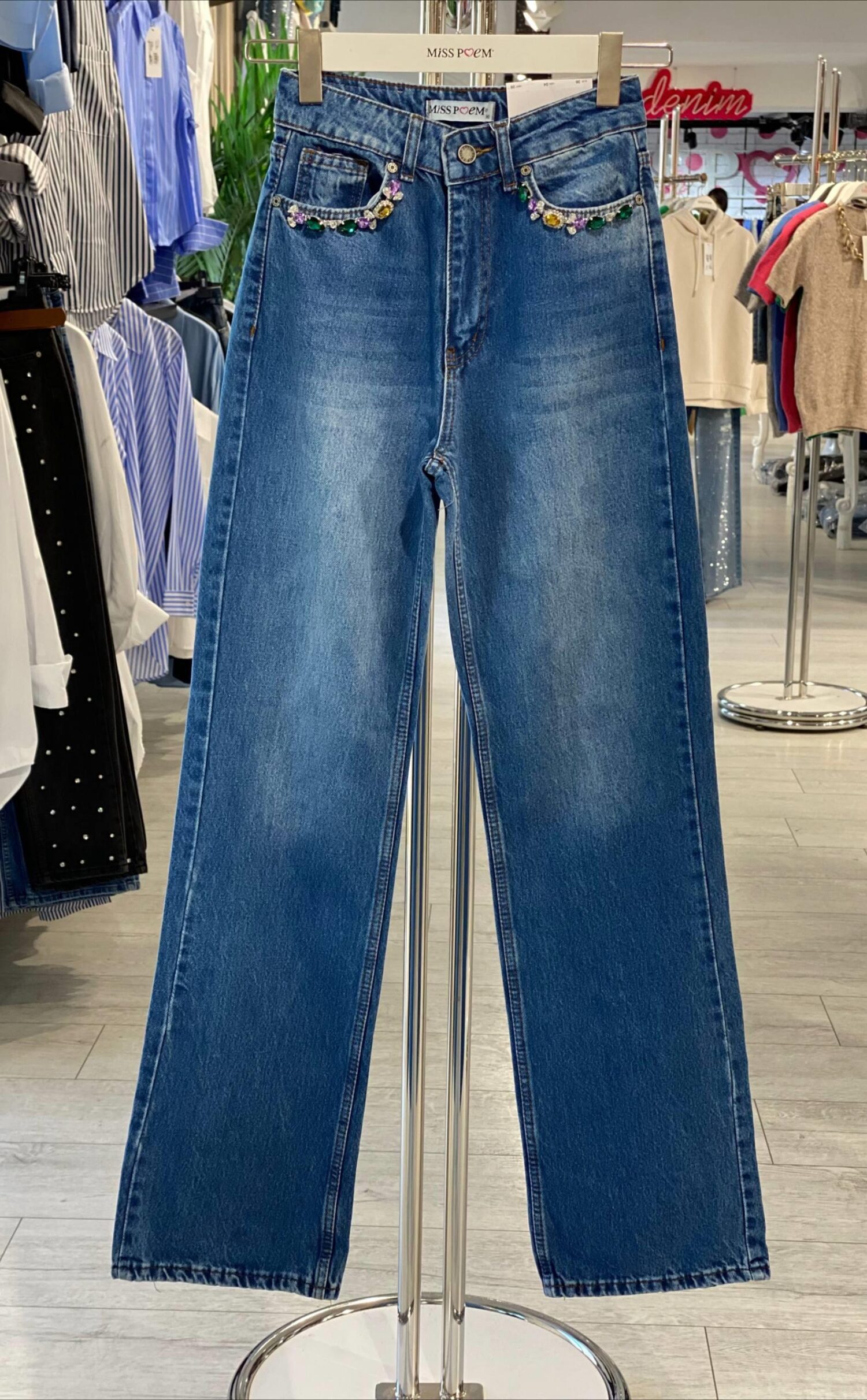 Blue Mom Jeans With Buttoned Closure And Straight Leg - Brand: MISS POEM - Women & Kids, Baby Clothes Wholesale - Globality Store
