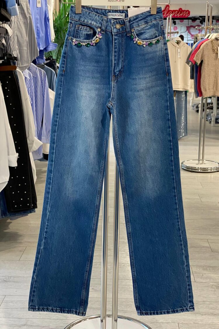 Blue Mom Jeans With Buttoned Closure And Straight Leg - Brand: MISS POEM - Women & Kids, Baby Clothes Wholesale - Globality Store