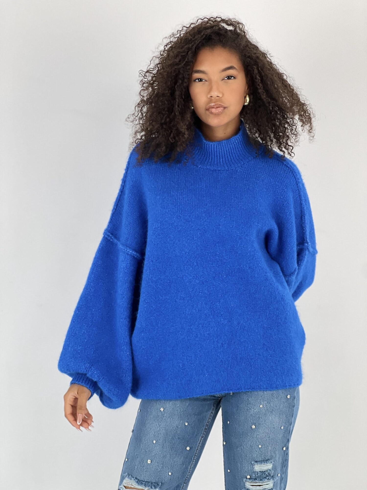 Blue Oversized Fit Sweater With High Neck - Brand: MISS POEM - Women & Kids, Baby Clothes Wholesale - Globality Store