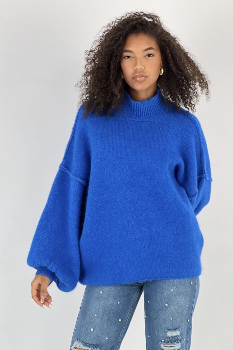 Blue Oversized Fit Sweater With High Neck - Brand: MISS POEM - Women & Kids, Baby Clothes Wholesale - Globality Store