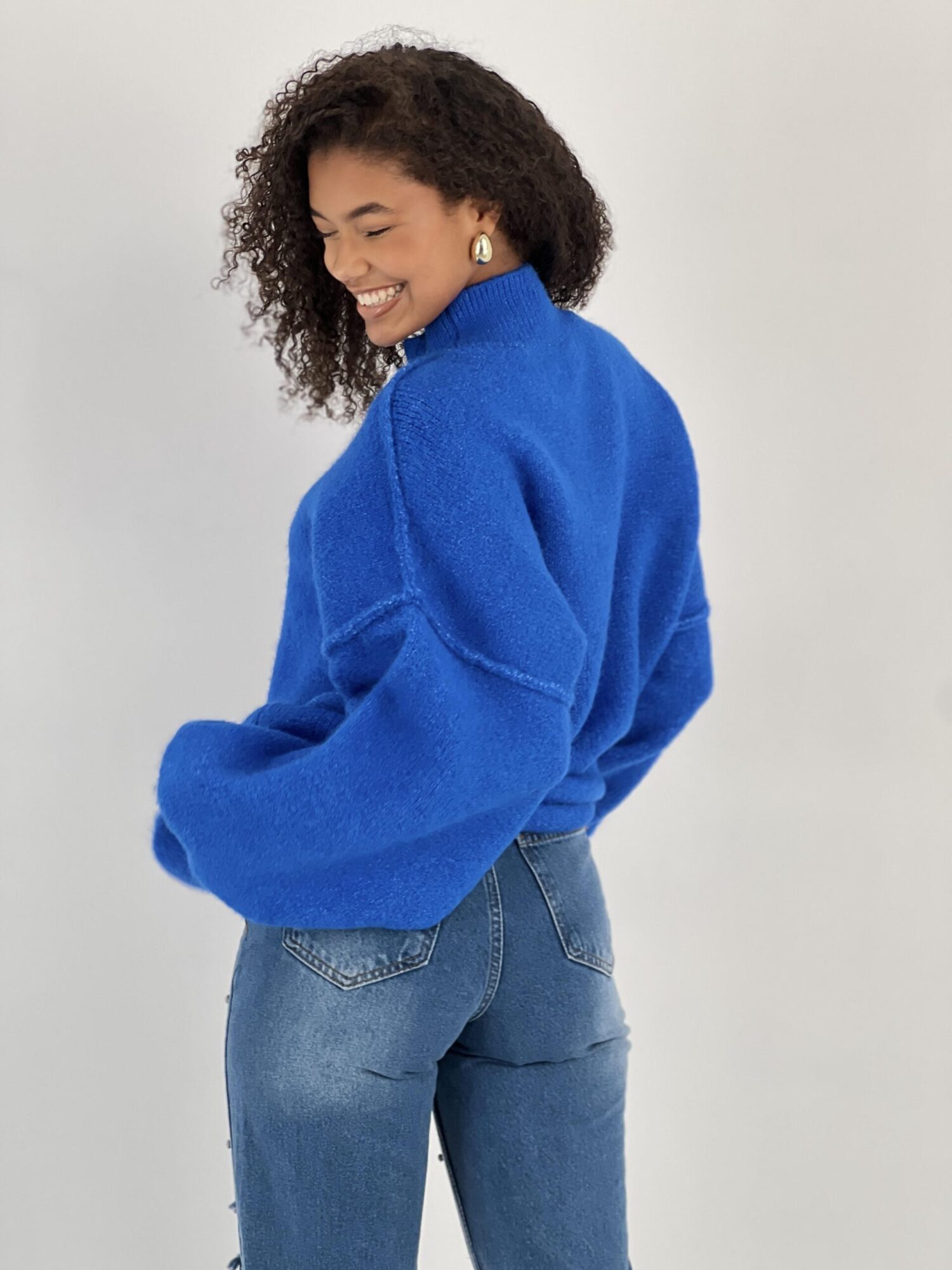 Blue Oversized Fit Sweater With High Neck - Brand: MISS POEM - Women & Kids, Baby Clothes Wholesale - Globality Store