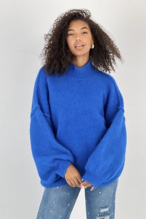Blue Oversized Fit Sweater With High Neck - Brand: MISS POEM - Women & Kids, Baby Clothes Wholesale - Globality Store