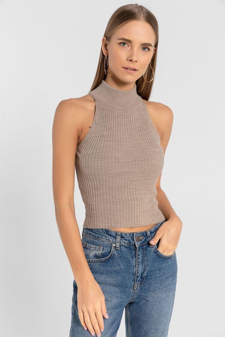 Beige Sleeveless Slim Fit High Neck Crop Sweater
