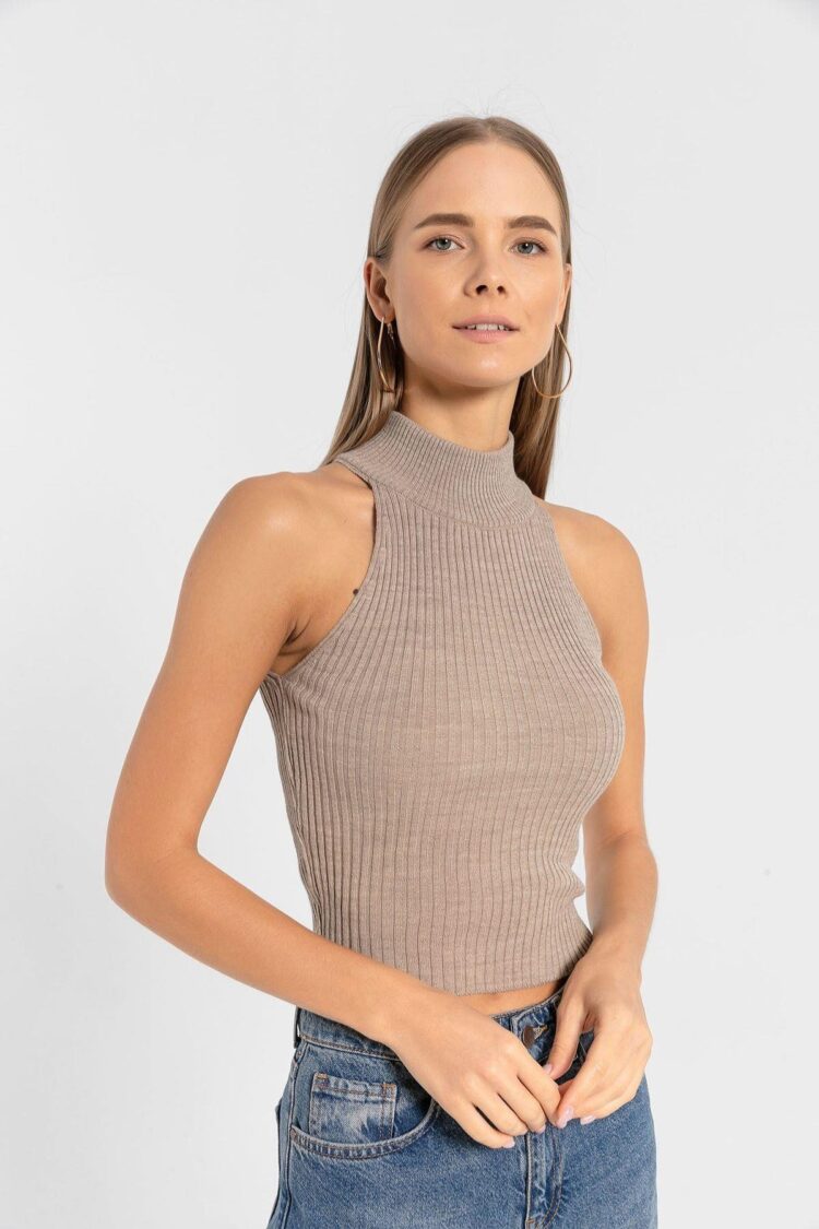 Beige Sleeveless Slim Fit High Neck Crop Sweater