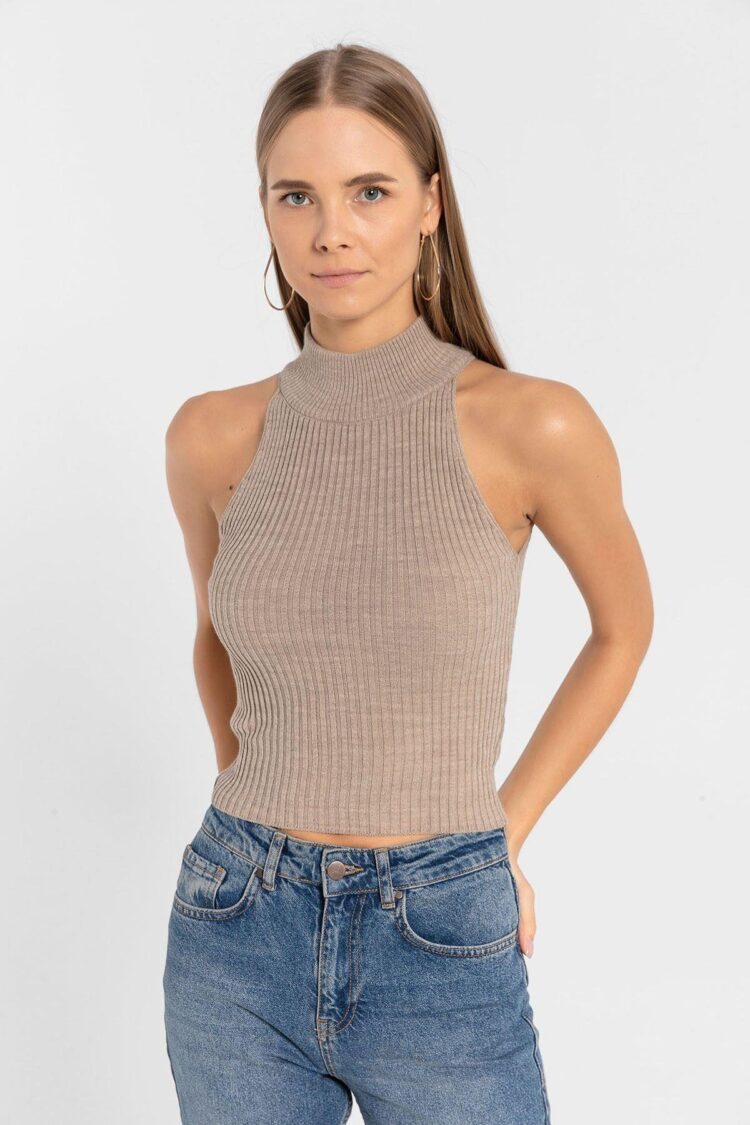 Beige Sleeveless Slim Fit High Neck Crop Sweater
