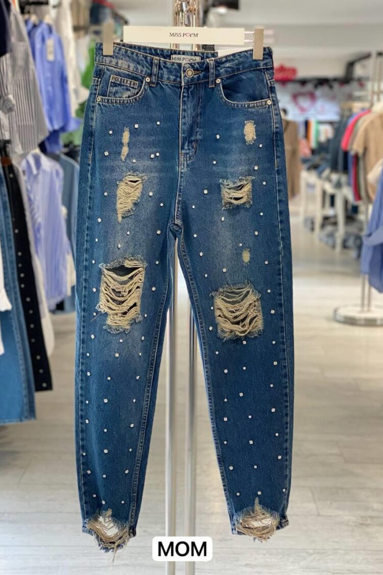Blue Mom Jeans With Bleached Patch Pockets - Brand: MISS POEM - Women & Kids, Baby Clothes Wholesale - Globality Store