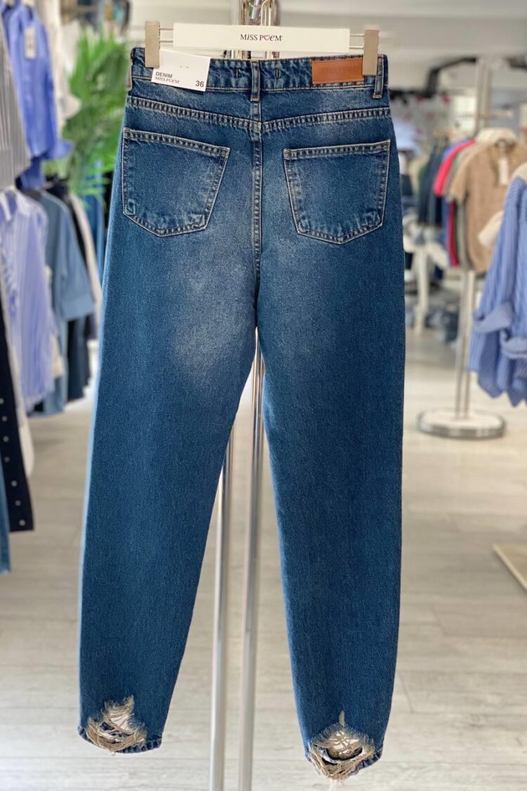 Blue Mom Jeans With Bleached Patch Pockets