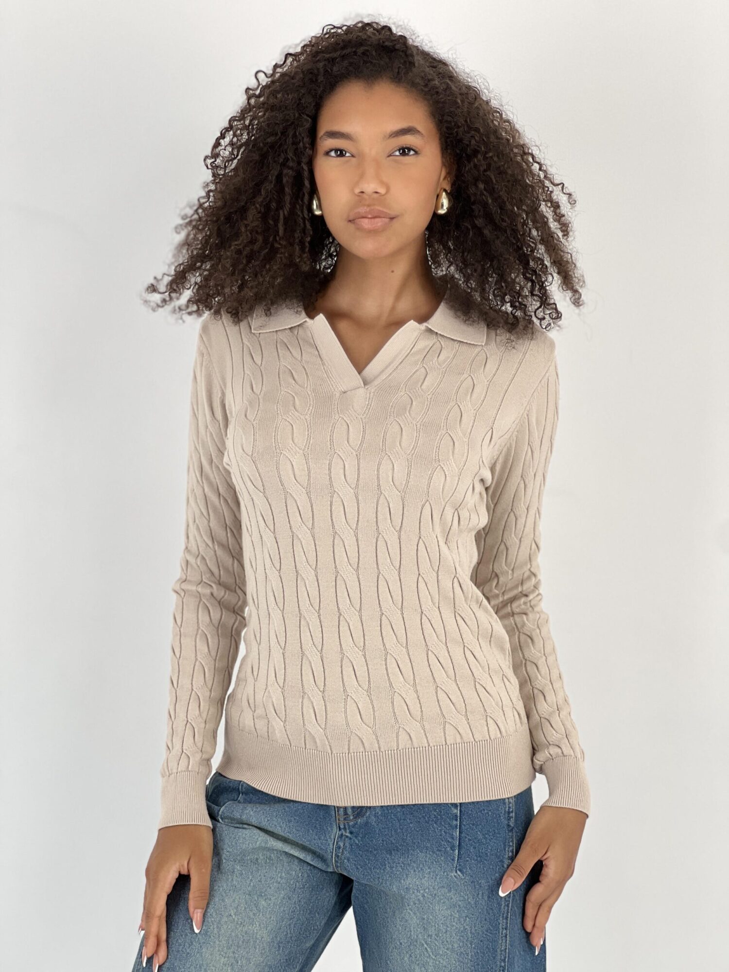 Beige Sweater Slim Fit Plaid Long Sleeve - Brand: MISS POEM - Women & Kids, Baby Clothes Wholesale - Globality Store