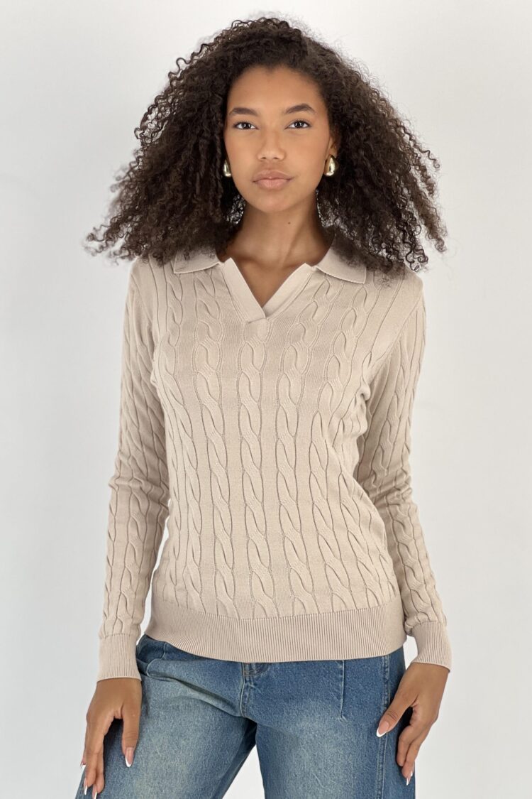 Beige Sweater Slim Fit Plaid Long Sleeve - Brand: MISS POEM - Women & Kids, Baby Clothes Wholesale - Globality Store