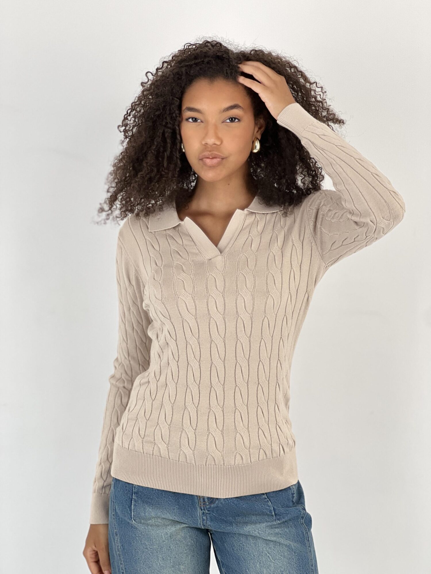 Beige Sweater Slim Fit Plaid Long Sleeve - Brand: MISS POEM - Women & Kids, Baby Clothes Wholesale - Globality Store