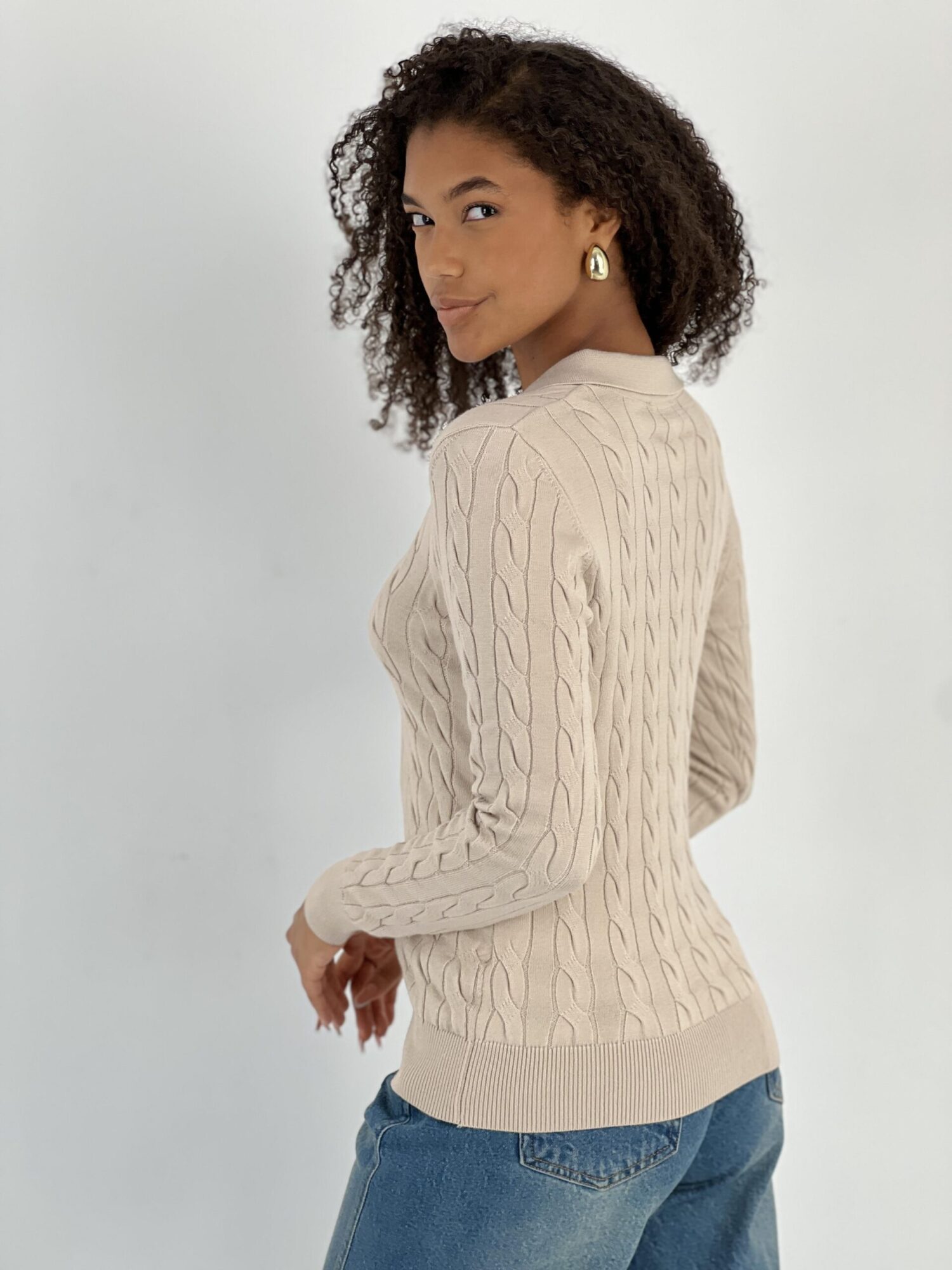 Beige Sweater Slim Fit Plaid Long Sleeve - Brand: MISS POEM - Women & Kids, Baby Clothes Wholesale - Globality Store
