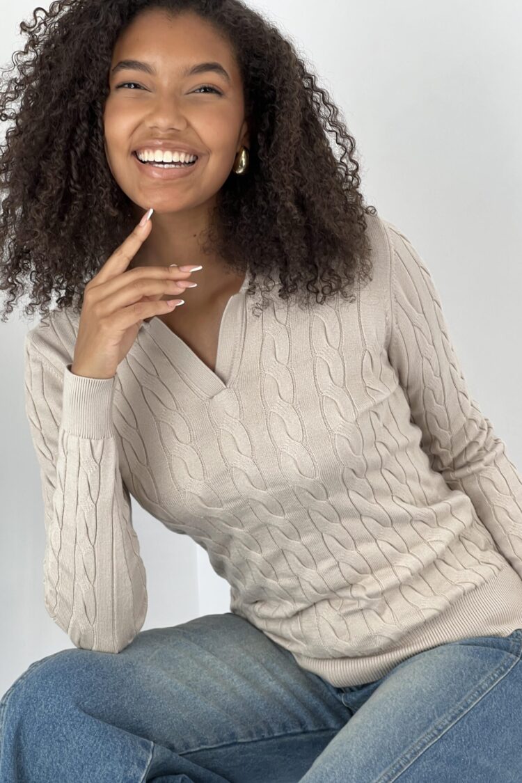 Beige Sweater Slim Fit Plaid Long Sleeve