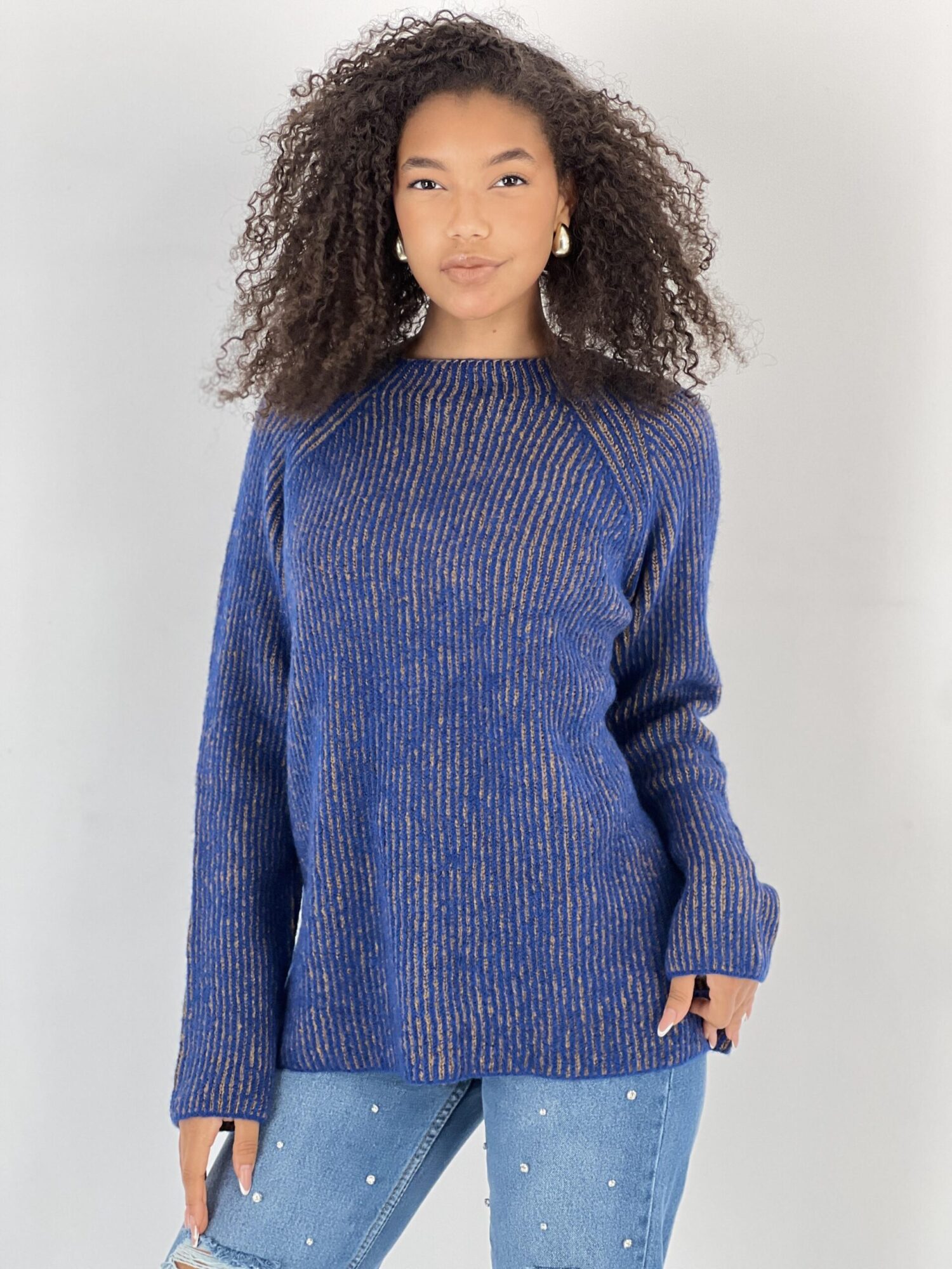Blue Striped Raglan Sleeve Sweater - Brand: MISS POEM - Women & Kids, Baby Clothes Wholesale - Globality Store