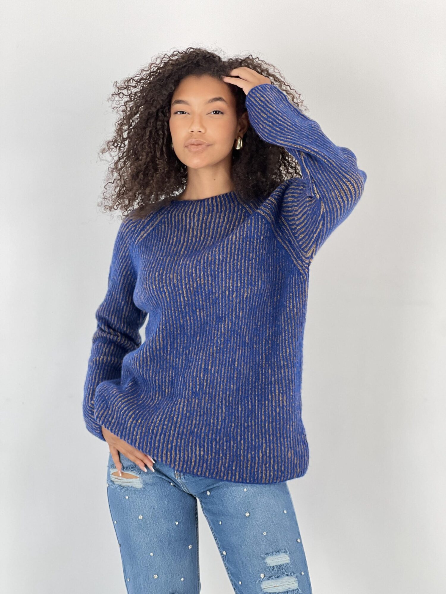 Blue Striped Raglan Sleeve Sweater - Brand: MISS POEM - Women & Kids, Baby Clothes Wholesale - Globality Store