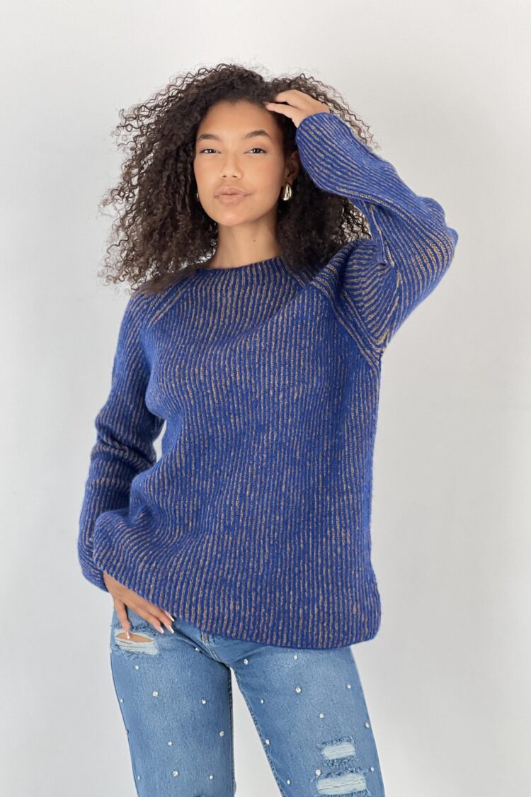 Blue Striped Raglan Sleeve Sweater