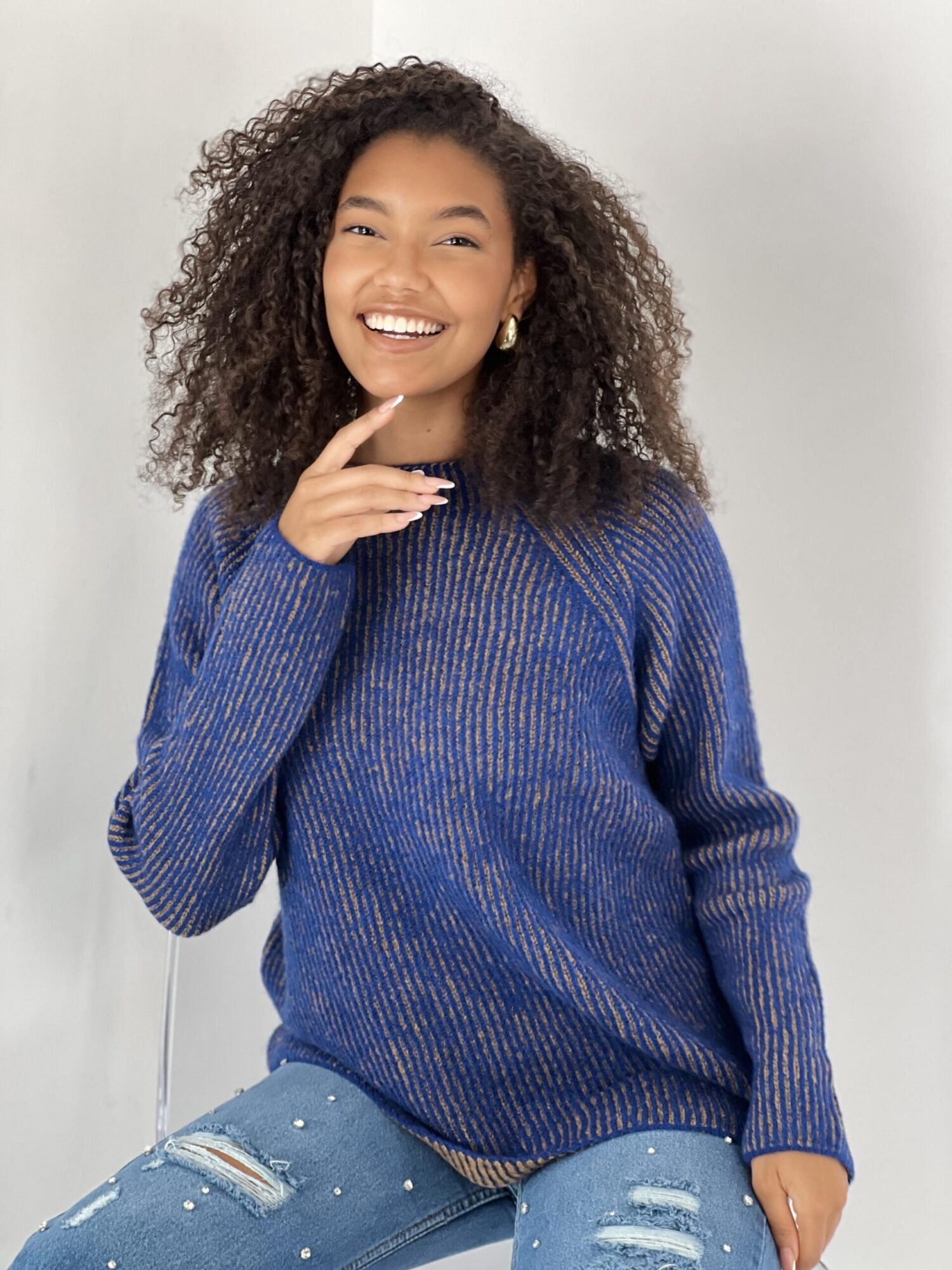 Blue Striped Raglan Sleeve Sweater - Brand: MISS POEM - Women & Kids, Baby Clothes Wholesale - Globality Store