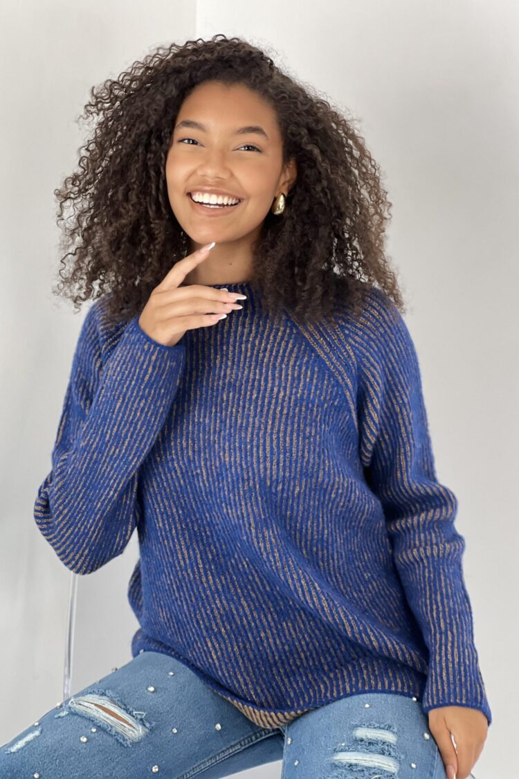 Blue Striped Raglan Sleeve Sweater