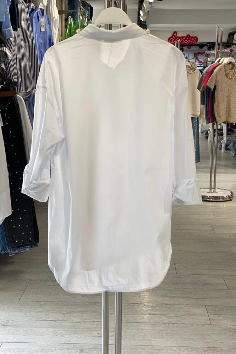 White Elegant Polo Neck Blouse With 3/4 Sleeves