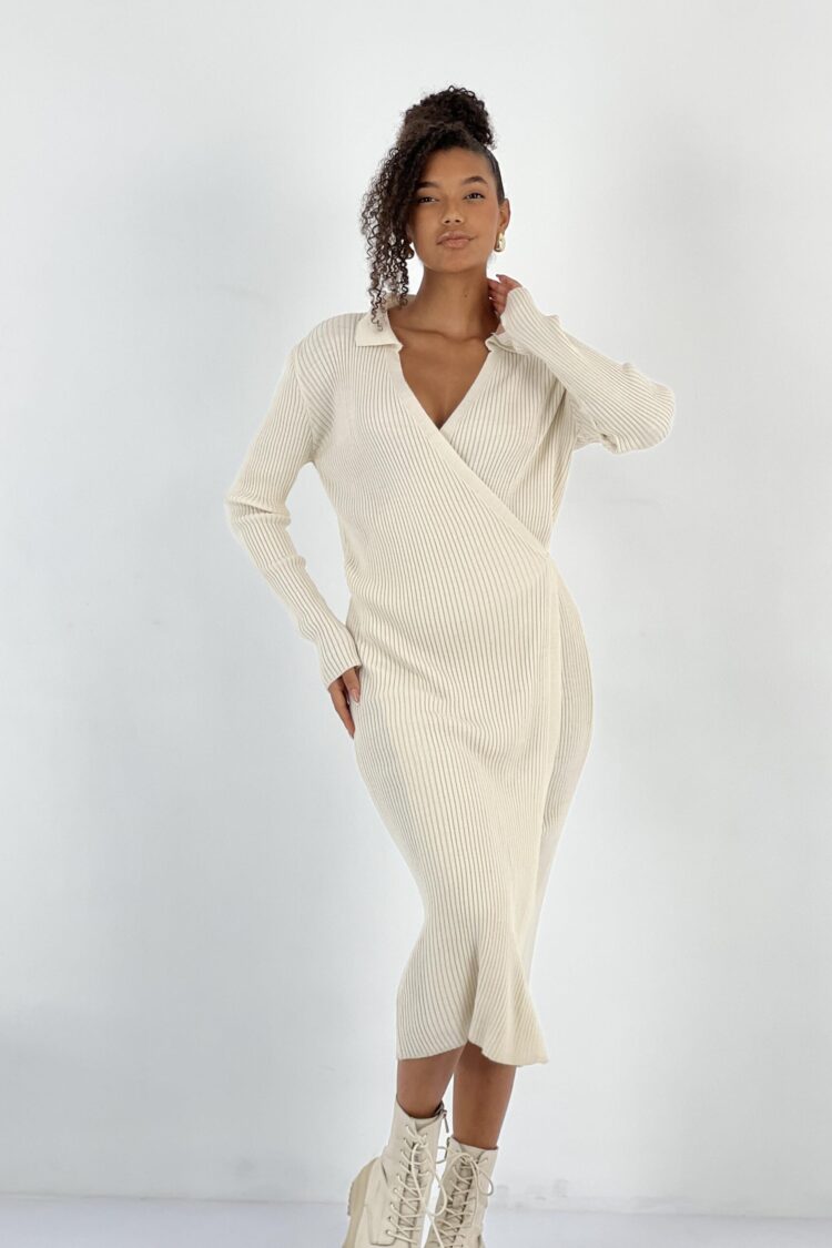 Beige Wrap Dress With Notched Neck And Long Sleeves - Brand: MISS POEM - Women & Kids, Baby Clothes Wholesale - Globality Store