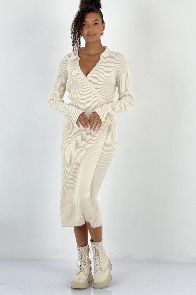Beige Wrap Dress With Notched Neck And Long Sleeves