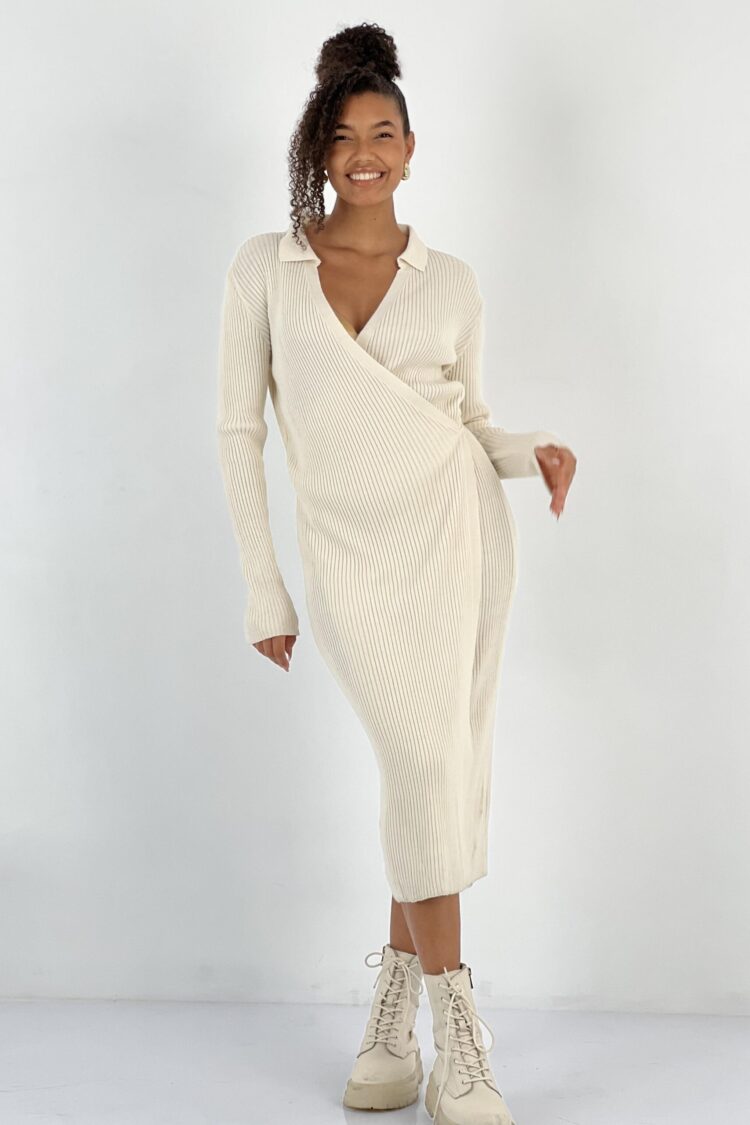 Beige Wrap Dress With Notched Neck And Long Sleeves