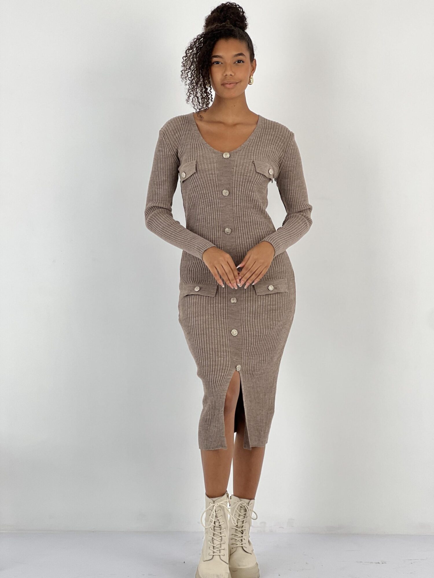 Brown Bodycon Midi Dress With V-Neck And Long Sleeves - Brand: MISS POEM - Women & Kids, Baby Clothes Wholesale - Globality Store