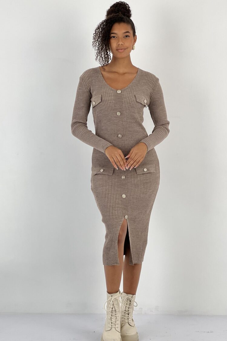 Brown Bodycon Midi Dress With V-Neck And Long Sleeves - Brand: MISS POEM - Women & Kids, Baby Clothes Wholesale - Globality Store