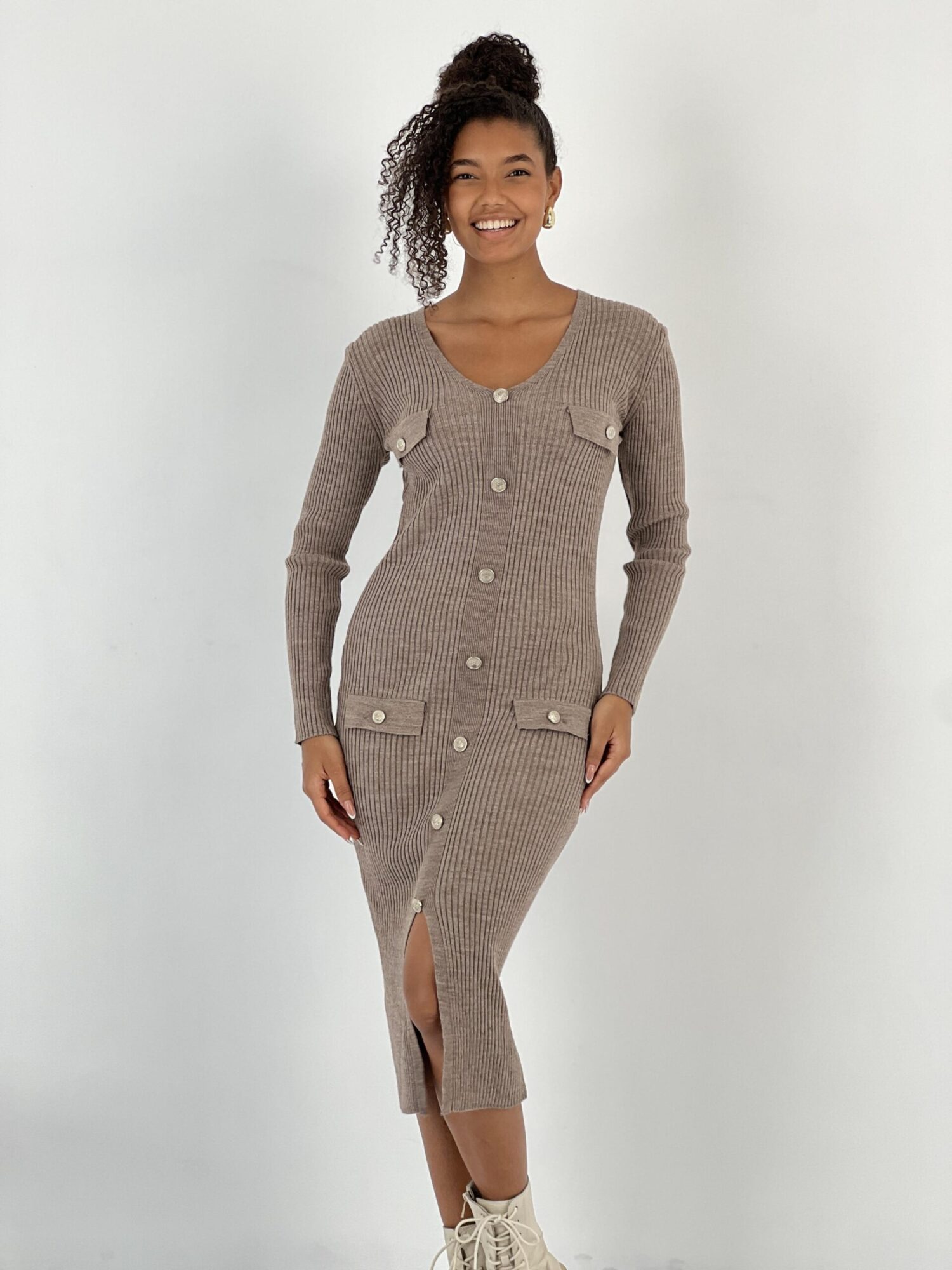 Brown Bodycon Midi Dress With V-Neck And Long Sleeves - Brand: MISS POEM - Women & Kids, Baby Clothes Wholesale - Globality Store