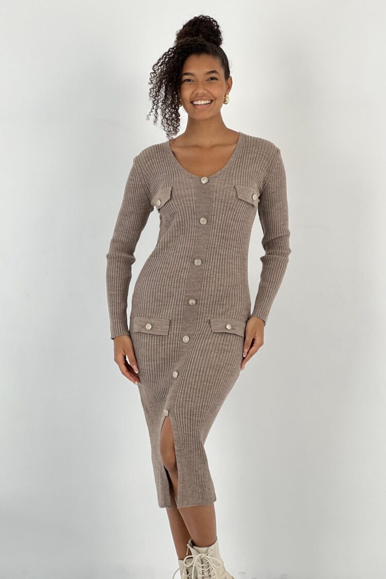 Brown Bodycon Midi Dress With V-Neck And Long Sleeves