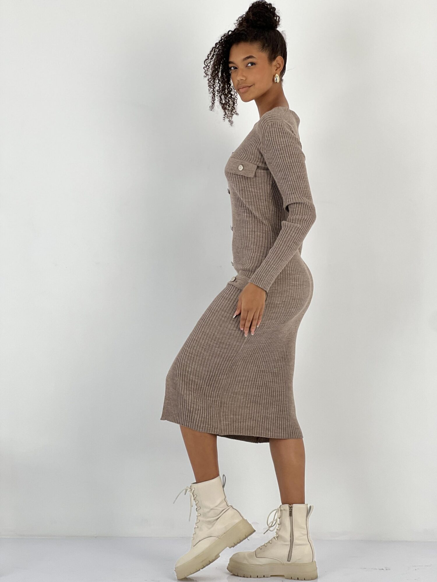 Brown Bodycon Midi Dress With V-Neck And Long Sleeves - Brand: MISS POEM - Women & Kids, Baby Clothes Wholesale - Globality Store