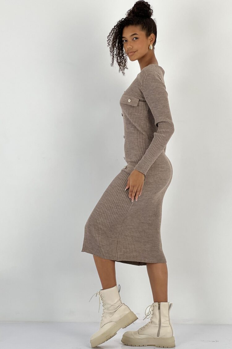 Brown Bodycon Midi Dress With V-Neck And Long Sleeves