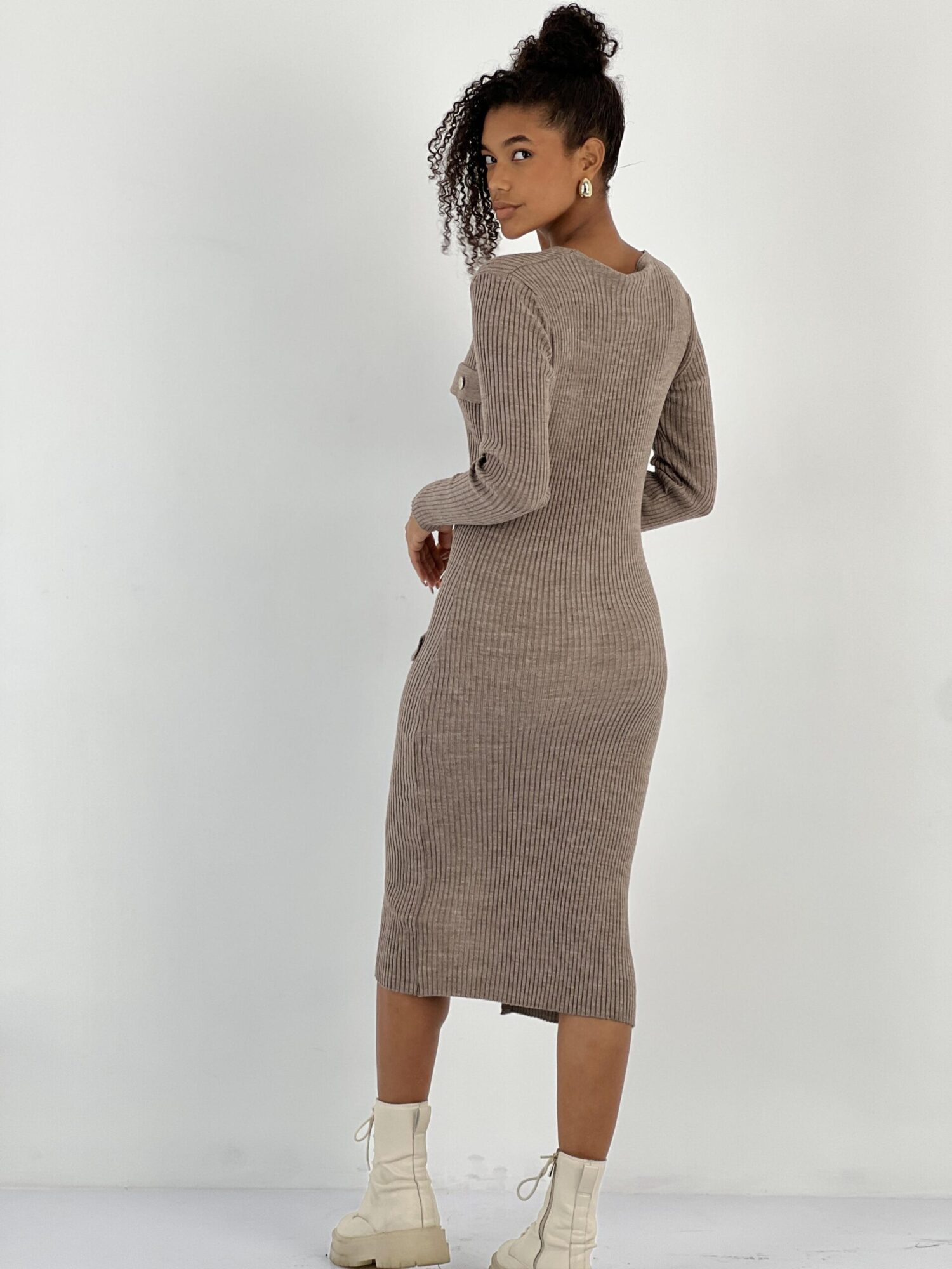 Brown Bodycon Midi Dress With V-Neck And Long Sleeves - Brand: MISS POEM - Women & Kids, Baby Clothes Wholesale - Globality Store
