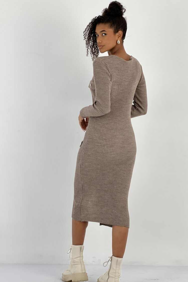 Brown Bodycon Midi Dress With V-Neck And Long Sleeves