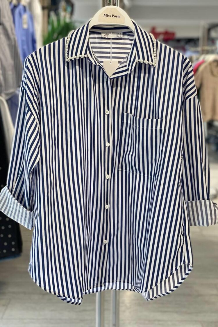 Blue Striped Casual Shirt With Buttoned Closure - Brand: MISS POEM - Women & Kids, Baby Clothes Wholesale - Globality Store