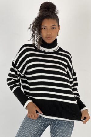 Black Oversized Fit Striped Turtle Neck Sweater - Brand: MISS POEM - Women & Kids, Baby Clothes Wholesale - Globality Store