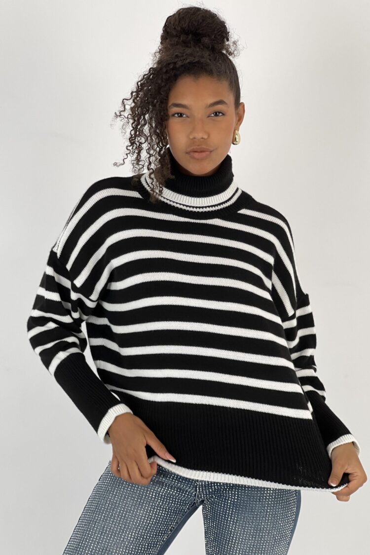 Black Oversized Fit Striped Turtle Neck Sweater - Brand: MISS POEM - Women & Kids, Baby Clothes Wholesale - Globality Store
